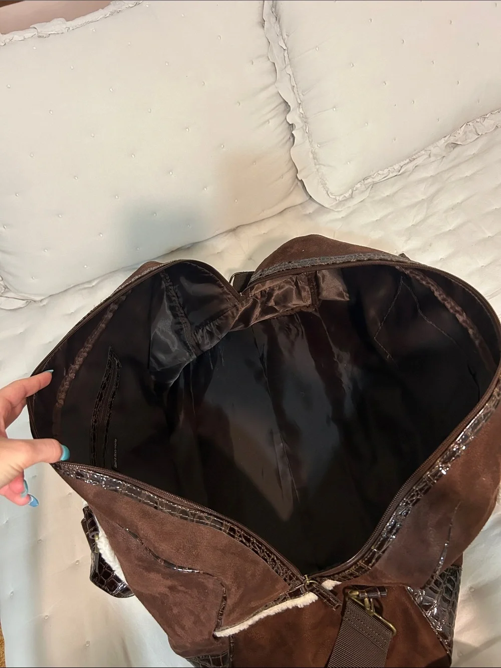 Bath & Body Works Brown Suede Duffel Bag with Croc Trim and White Fur — OS